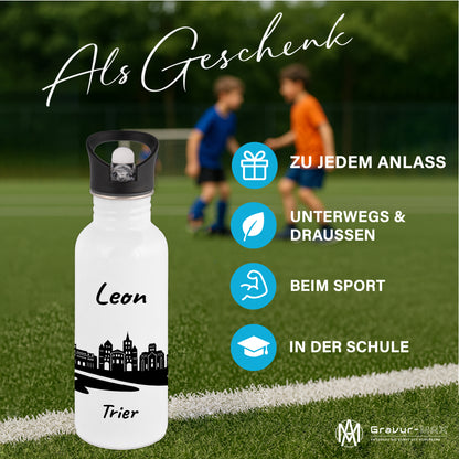 Trinkflasche in Weiß 600ml aus Edelstahl bedruckt mit der Skyline von Trier personalisierbar mit Wunschname
