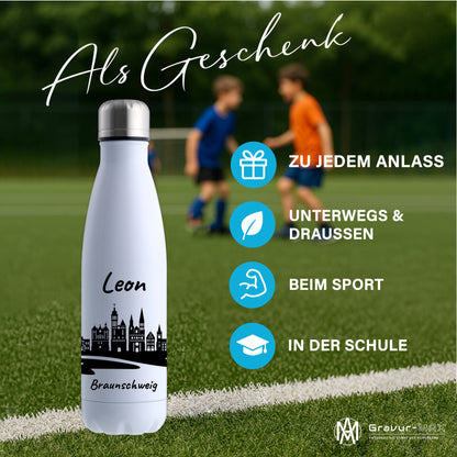 Trinkflasche in Weiß 500ml aus Edelstahl bedruckt mit der Skyline von Braunschweig personalisierbar mit Wunschname