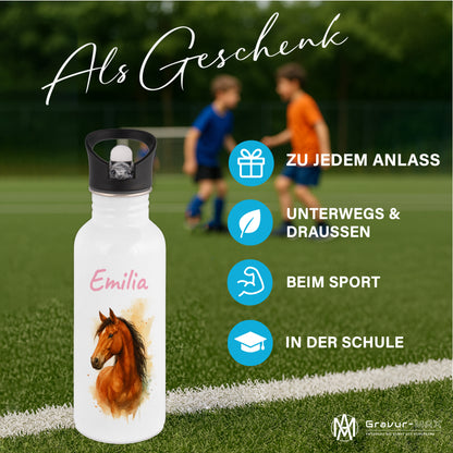 Trinkflasche mit Strohhalm in Weiß 600ml bedruckt mit tollen Motiven für Kinder "Pferd" personalisierbar für Kinder mit Wunschname aus Edelstahl