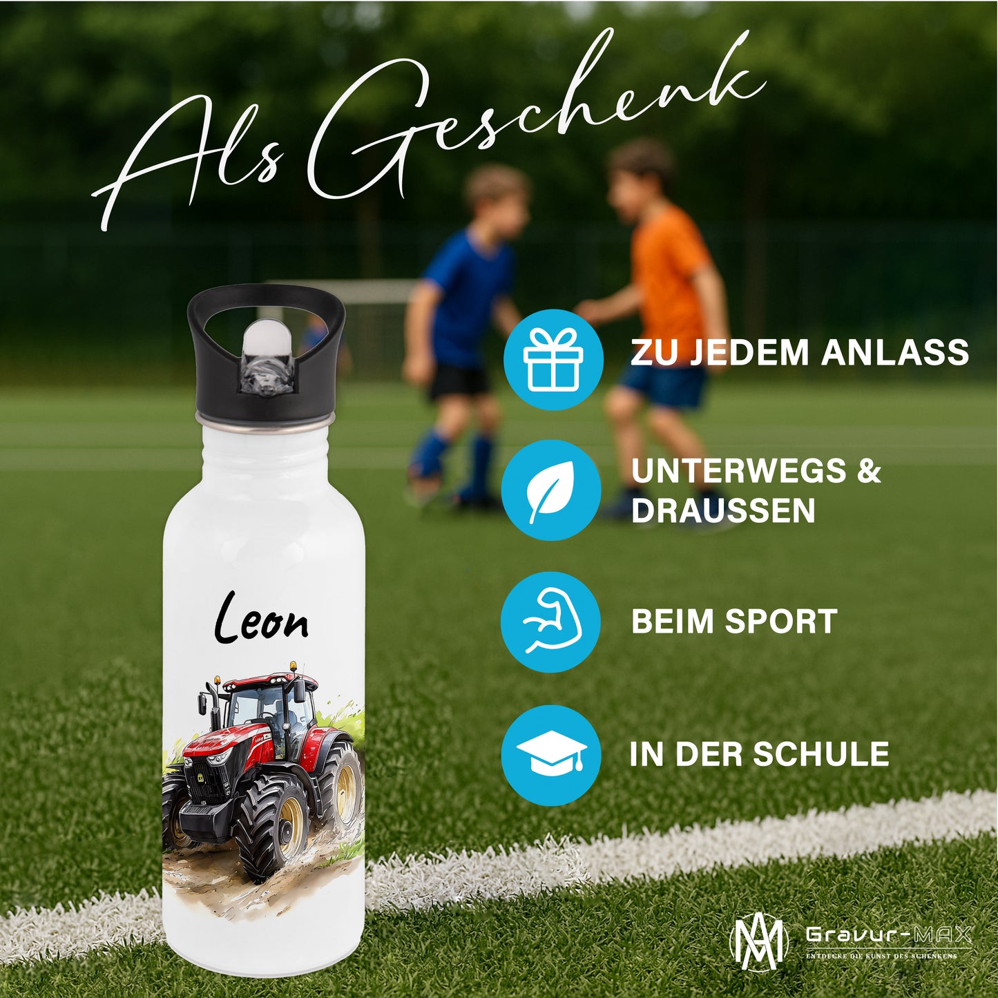 Trinkflasche mit Strohhalm in Weiß 600ml bedruckt mit tollen Motiven für Kinder "Traktor" personalisierbar für Kinder mit Wunschname aus Edelstahl