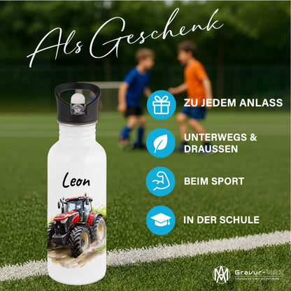 Trinkflasche mit Strohhalm in Weiß 600ml bedruckt mit tollen Motiven für Kinder "Traktor" personalisierbar für Kinder mit Wunschname aus Edelstahl