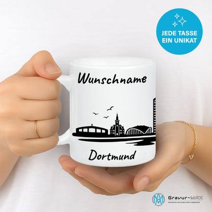 Tasse in Weiß 330ml bedruckt mit der Skyline von Dortmund personalisierbar mit Wunschname