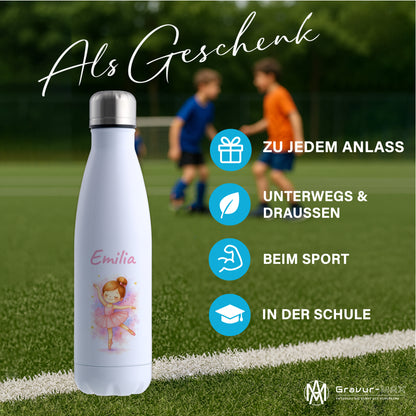 Thermoflasche 500ml in Weiß bedruckt mit tollen Motiven für Kinder "Ballerina" personalisierbar mit Wunschname