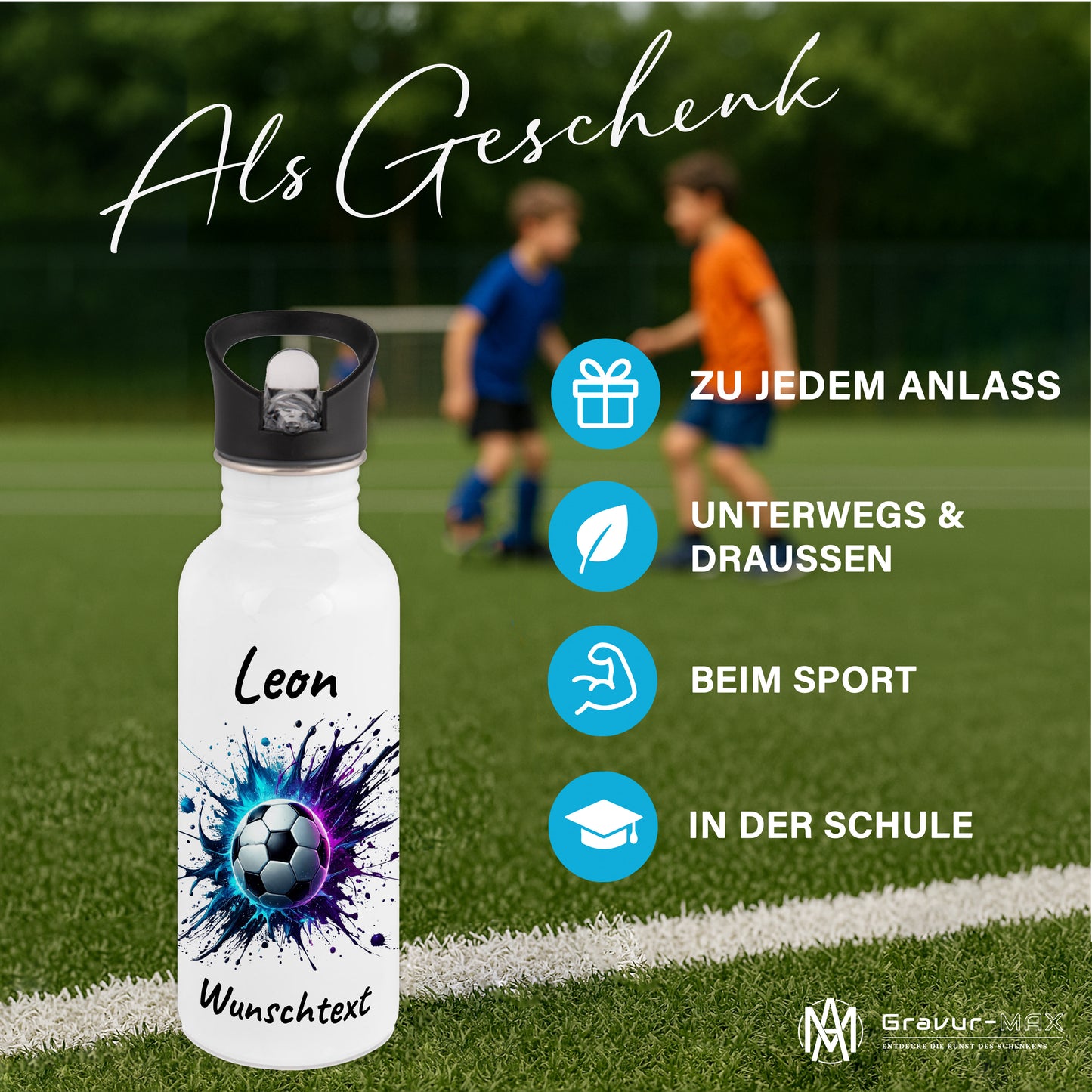 Trinkflasche mit Strohhalm in Weiß 600ml bedruckt mit Fußball Motiven"Motiv10" personalisierbar für Kinder mit Wunschname aus Edelstahl