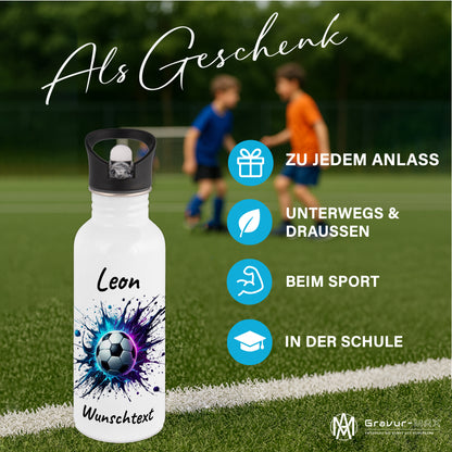 Trinkflasche mit Strohhalm in Weiß 600ml bedruckt mit Fußball Motiven"Motiv10" personalisierbar für Kinder mit Wunschname aus Edelstahl