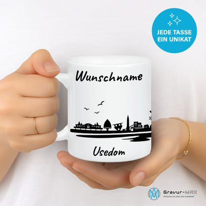 Tasse in Weiß 330ml bedruckt mit der Skyline von Usedom personalisierbar mit Wunschname