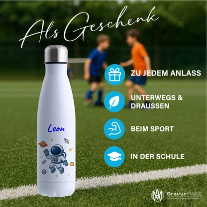 Thermoflasche 500ml in Weiß bedruckt mit tollen Motiven für Kinder "Astronaut" personalisierbar mit Wunschname