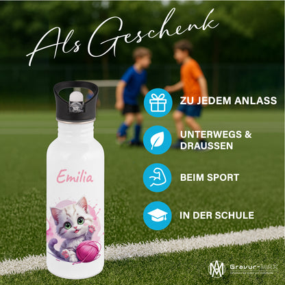 Trinkflasche mit Strohhalm in Weiß 600ml bedruckt mit niedlichen Tieren"Katze" personalisierbar für Kinder mit Wunschname aus Edelstahl