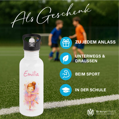 Trinkflasche mit Strohhalm in Weiß 600ml bedruckt mit tollen Motiven für Kinder "Ballerina" personalisierbar für Kinder mit Wunschname aus Edelstahl
