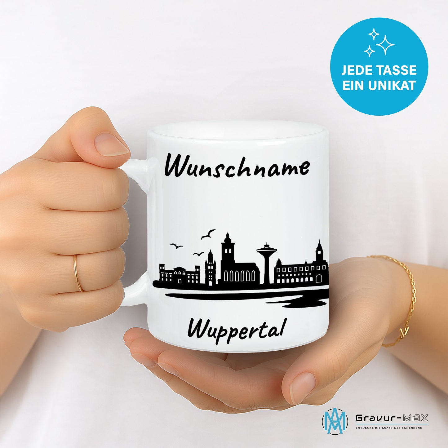 Tasse in Weiß 330ml bedruckt mit der Skyline von Wuppertal personalisierbar mit Wunschname