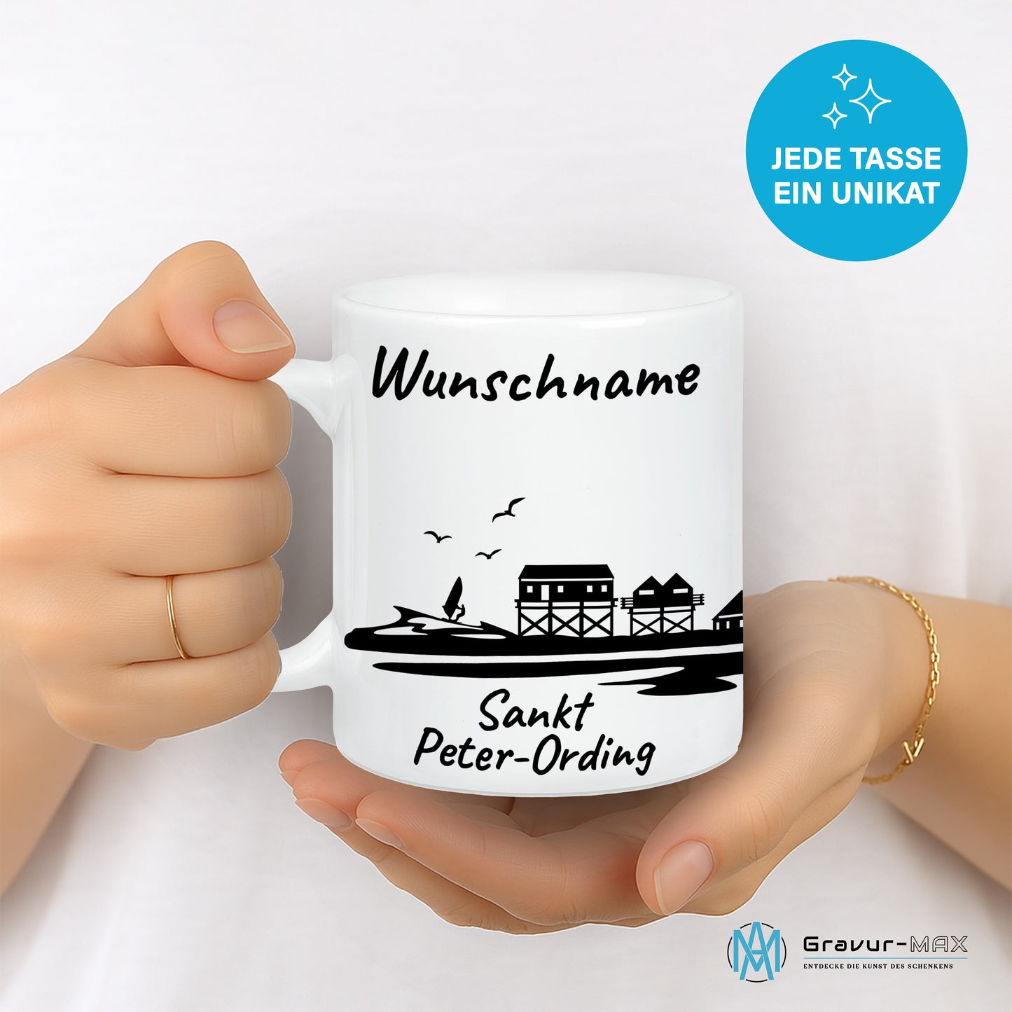 Tasse in Weiß 330ml bedruckt mit der Skyline von Sankt Peter-Ording personalisierbar mit Wunschname