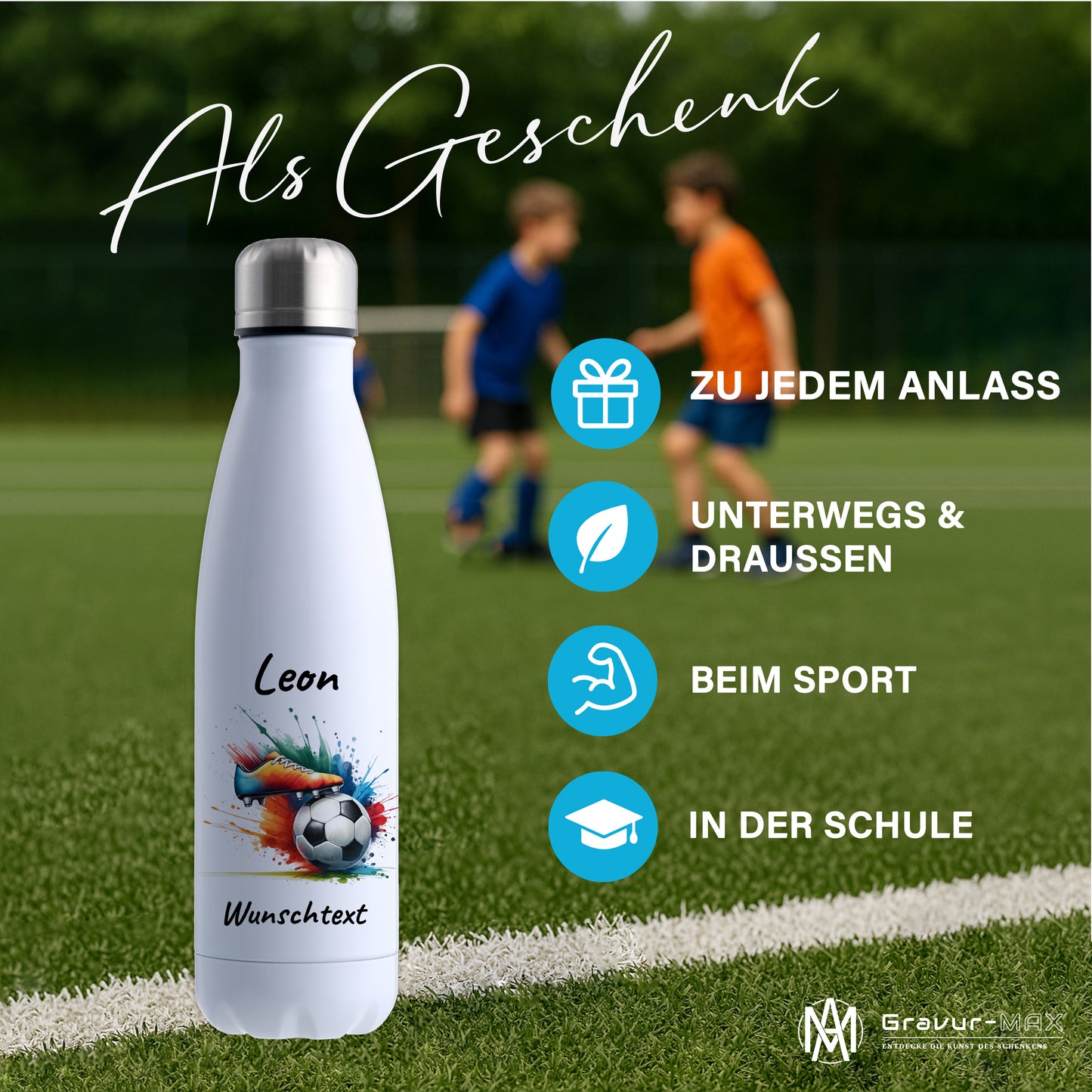 Thermoflasche 500ml in Weiß aus Edelstahl bedruckt "Fußball" Motiv6 personalisierbar mit Wunschname & Text
