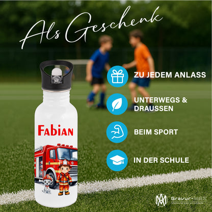 Trinkflasche mit Strohhalm in Weiß 600ml bedruckt mit tollen Motiven für Kinder "Feuerwehr" personalisierbar für Kinder mit Wunschname aus Edelstahl