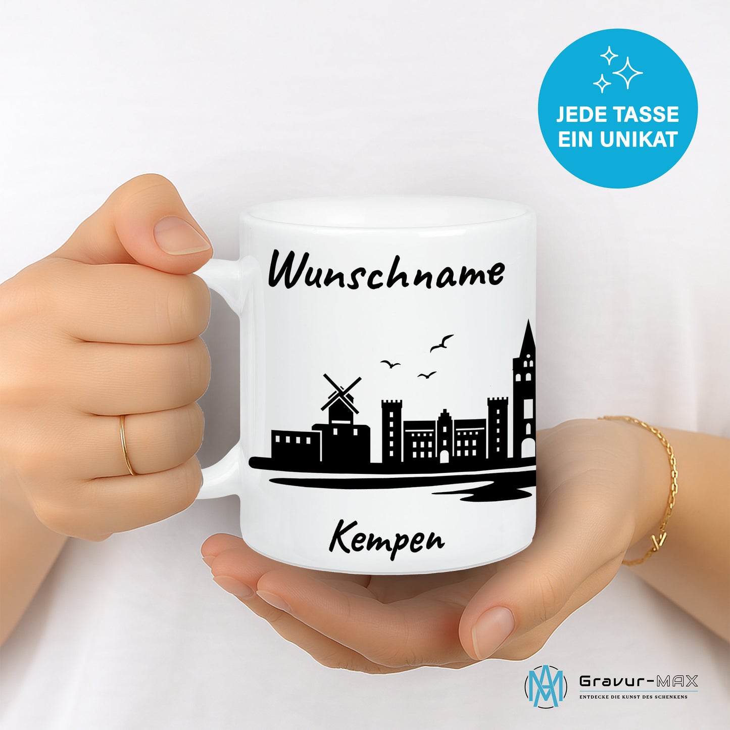 Tasse in Weiß 330ml bedruckt mit der Skyline von Kempen personalisierbar mit Wunschname