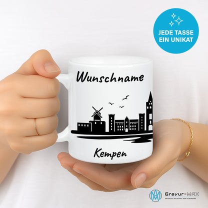 Tasse in Weiß 330ml bedruckt mit der Skyline von Kempen personalisierbar mit Wunschname
