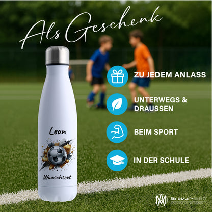 Thermoflasche 500ml in Weiß aus Edelstahl bedruckt "Fußball" Motiv13 personalisierbar mit Wunschname & Text