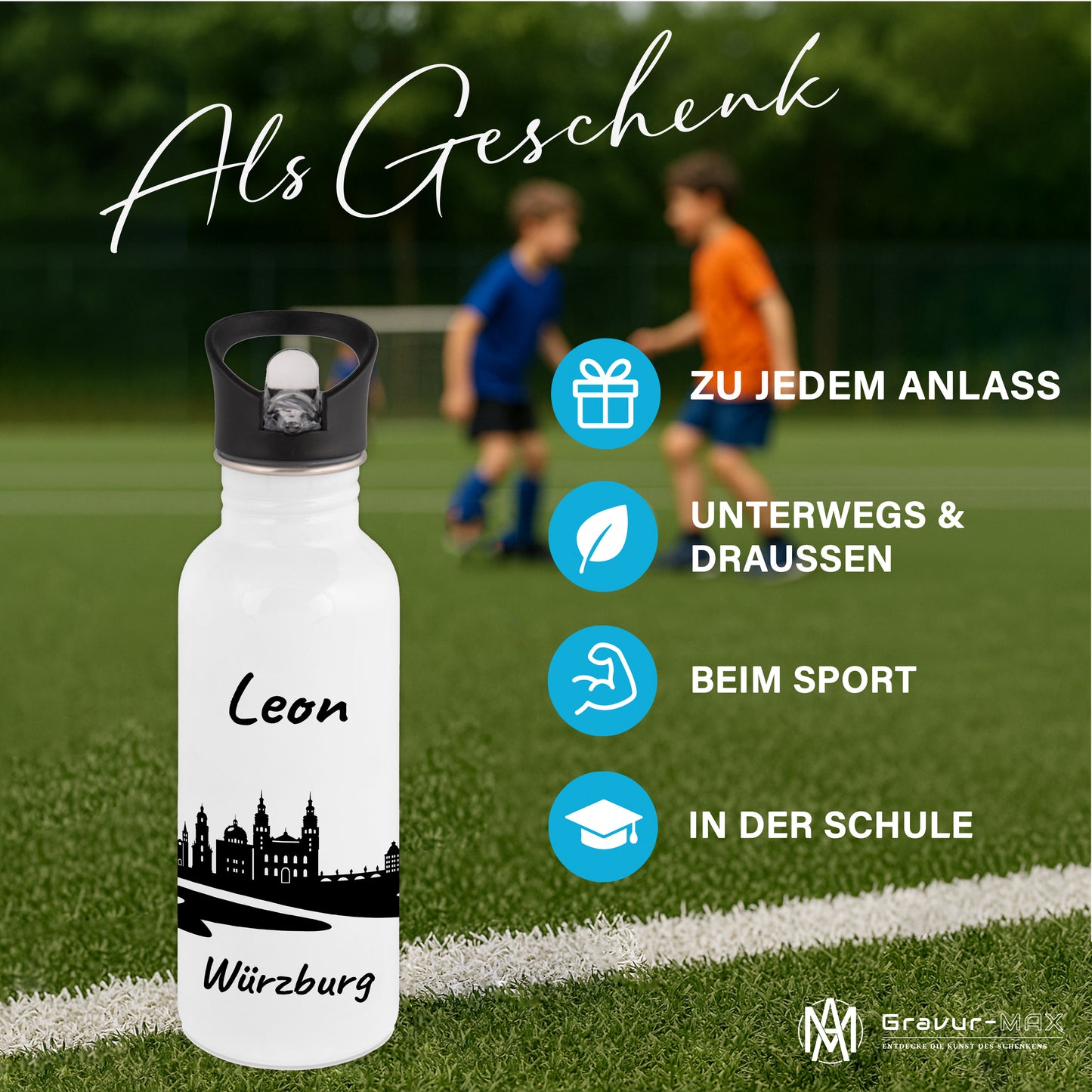 Trinkflasche in Weiß 600ml aus Edelstahl bedruckt mit der Skyline von Würzburg personalisierbar mit Wunschname
