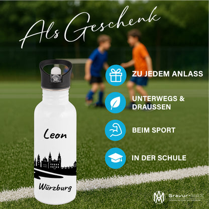 Trinkflasche in Weiß 600ml aus Edelstahl bedruckt mit der Skyline von Würzburg personalisierbar mit Wunschname