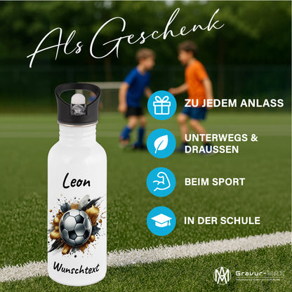 Trinkflasche mit Strohhalm in Weiß 600ml bedruckt mit Fußball Motiven"Motiv13" personalisierbar für Kinder mit Wunschname aus Edelstahl