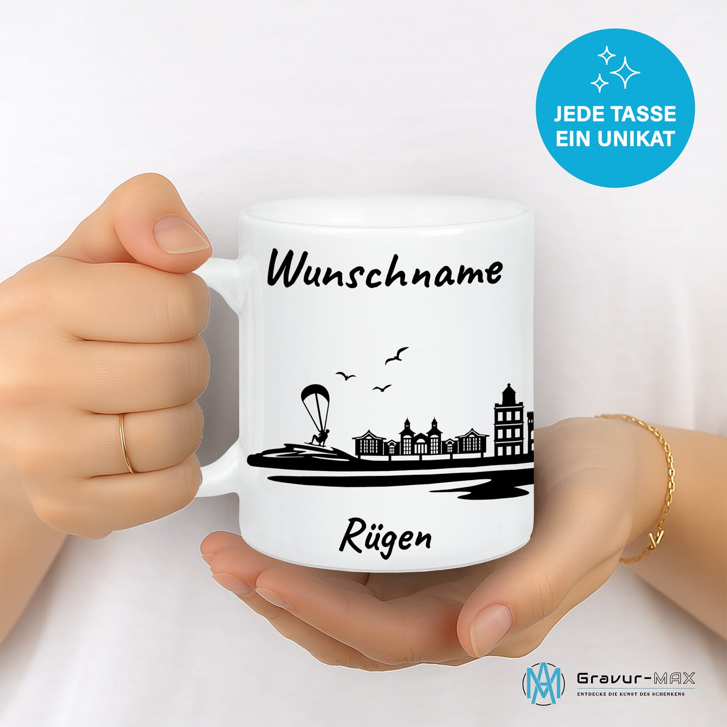 Tasse in Weiß 330ml bedruckt mit der Skyline von Rügen personalisierbar mit Wunschname