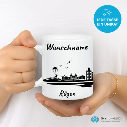 Tasse in Weiß 330ml bedruckt mit der Skyline von Rügen personalisierbar mit Wunschname