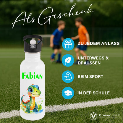 Trinkflasche mit Strohhalm in Weiß 600ml bedruckt mit tollen Motiven für Kinder "Dino Kinder" personalisierbar für Kinder mit Wunschname aus Edelstahl
