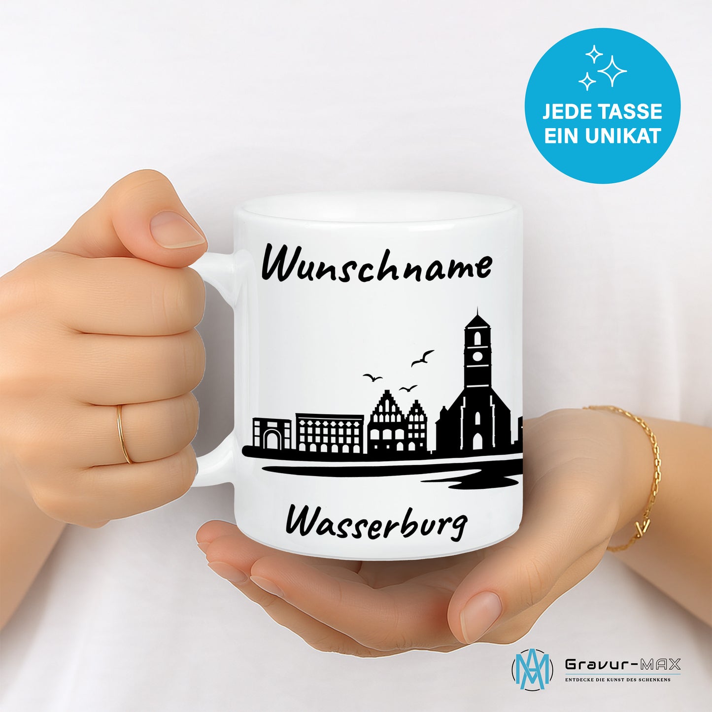 Tasse in Weiß 330ml bedruckt mit der Skyline von Wasserburg personalisierbar mit Wunschname