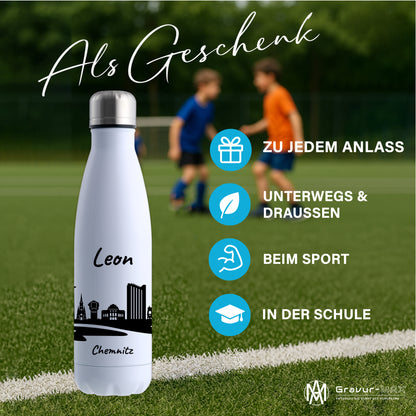 Trinkflasche in Weiß 500ml aus Edelstahl bedruckt mit der Skyline von Chemnitz personalisierbar mit Wunschname
