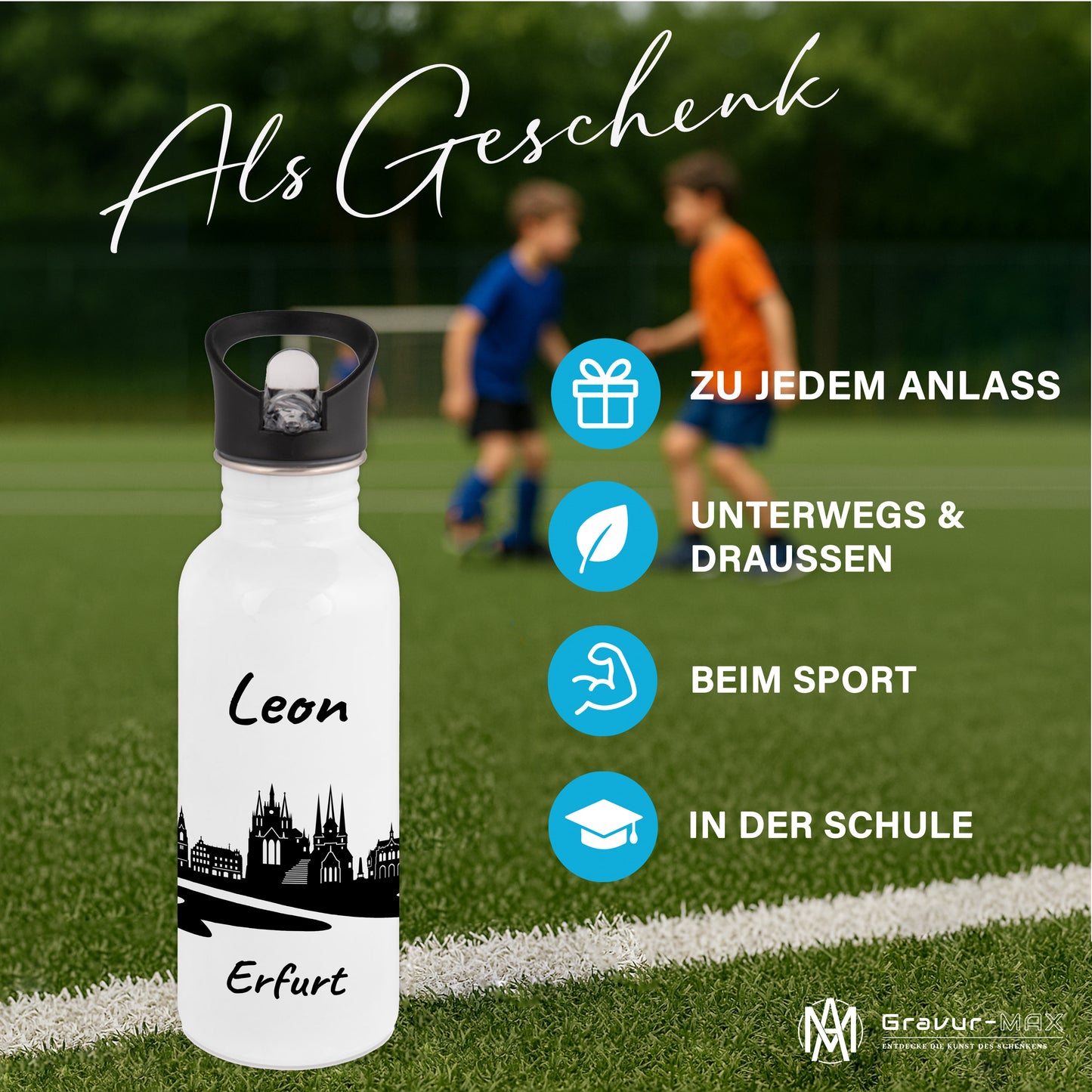 Trinkflasche in Weiß 600ml aus Edelstahl bedruckt mit der Skyline von Erfurt personalisierbar mit Wunschname