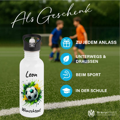 Trinkflasche mit Strohhalm in Weiß 600ml bedruckt mit Fußball Motiven"Motiv11" personalisierbar für Kinder mit Wunschname aus Edelstahl