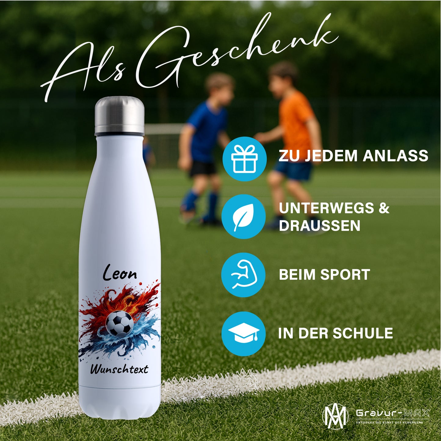 Thermoflasche 500ml in Weiß aus Edelstahl bedruckt "Fußball" Motiv12 personalisierbar mit Wunschname & Text