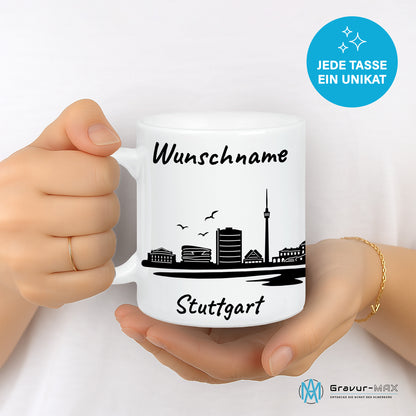 Tasse in Weiß 330ml bedruckt mit der Skyline von Stuttgart personalisierbar mit Wunschname