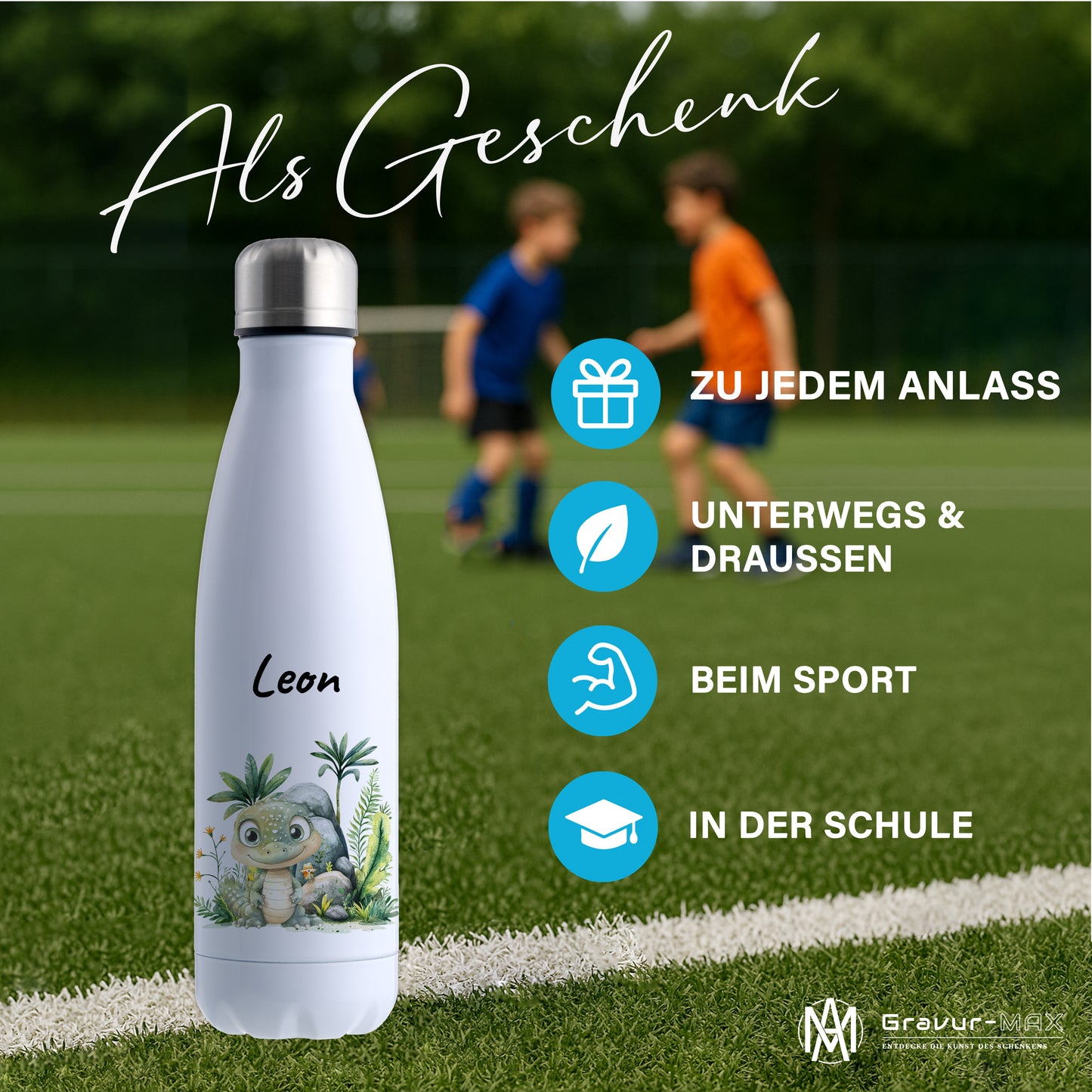 Trinkflasche in Weiß 500ml aus Edelstahl bedruckt mit Dschungel Tieren"Krokodil" personalisierbar für Kinder mit Wunschname