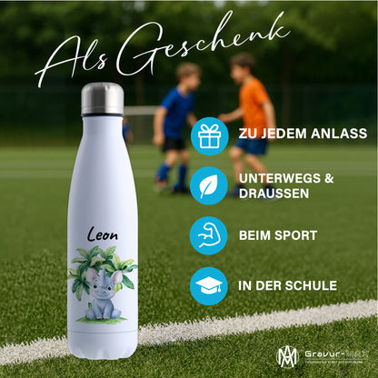 Trinkflasche in Weiß 500ml aus Edelstahl bedruckt mit Dschungel Tieren"Nashorn" personalisierbar für Kinder mit Wunschname