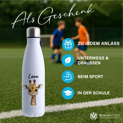 Trinkflasche in Weiß 500ml aus Edelstahl bedruckt mit niedlichen Tieren "Giraffe" personalisierbar für Kinder mit Wunschname
