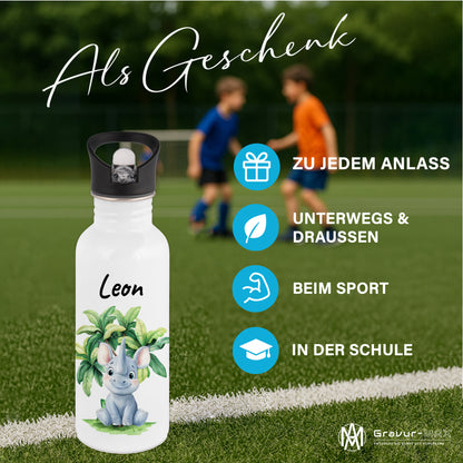 Trinkflasche mit Strohhalm in Weiß 600ml bedruckt mit Dschungel Tieren"Nashorn" personalisierbar für Kinder mit Wunschname aus Edelstahl