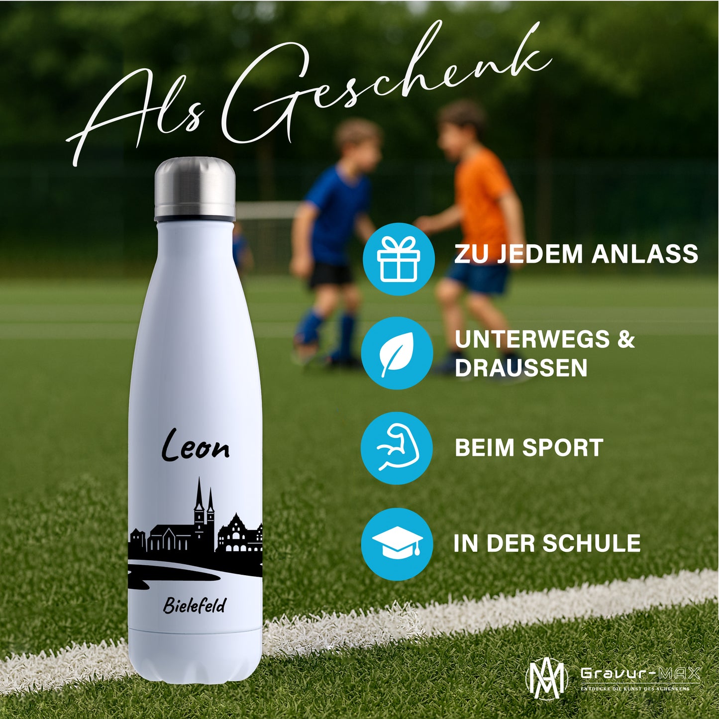 Trinkflasche in Weiß 500ml aus Edelstahl bedruckt mit der Skyline von Bielefeld personalisierbar mit Wunschname