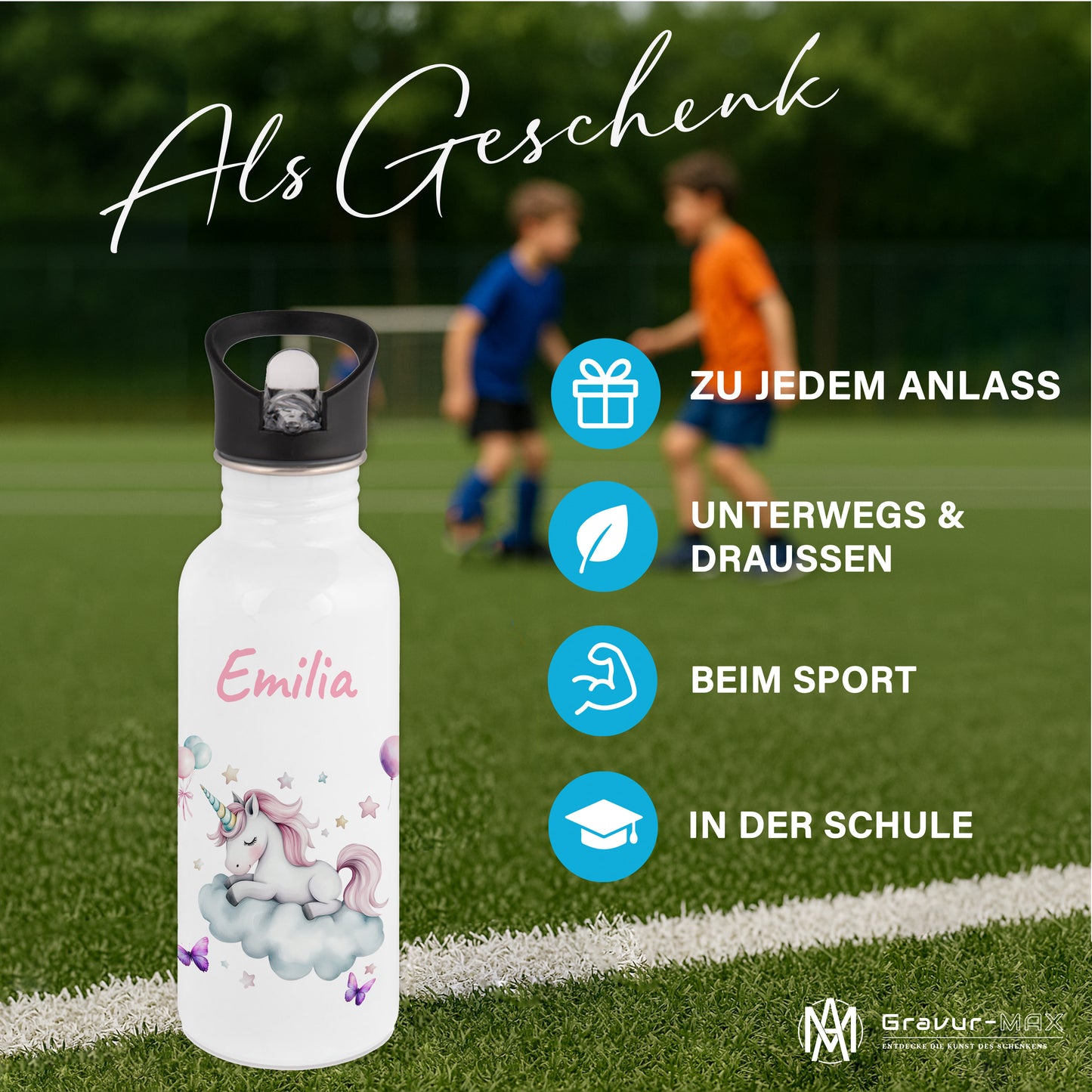 Trinkflasche mit Strohhalm in Weiß 600ml bedruckt mit tollen Motiven für Kinder "Einhorn Wolke" personalisierbar für Kinder mit Wunschname aus Edelstahl