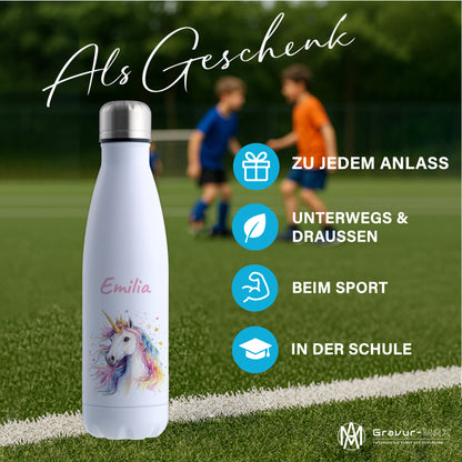 Thermoflasche 500ml in Weiß bedruckt mit tollen Motiven für Kinder "Einhorn" personalisierbar mit Wunschname