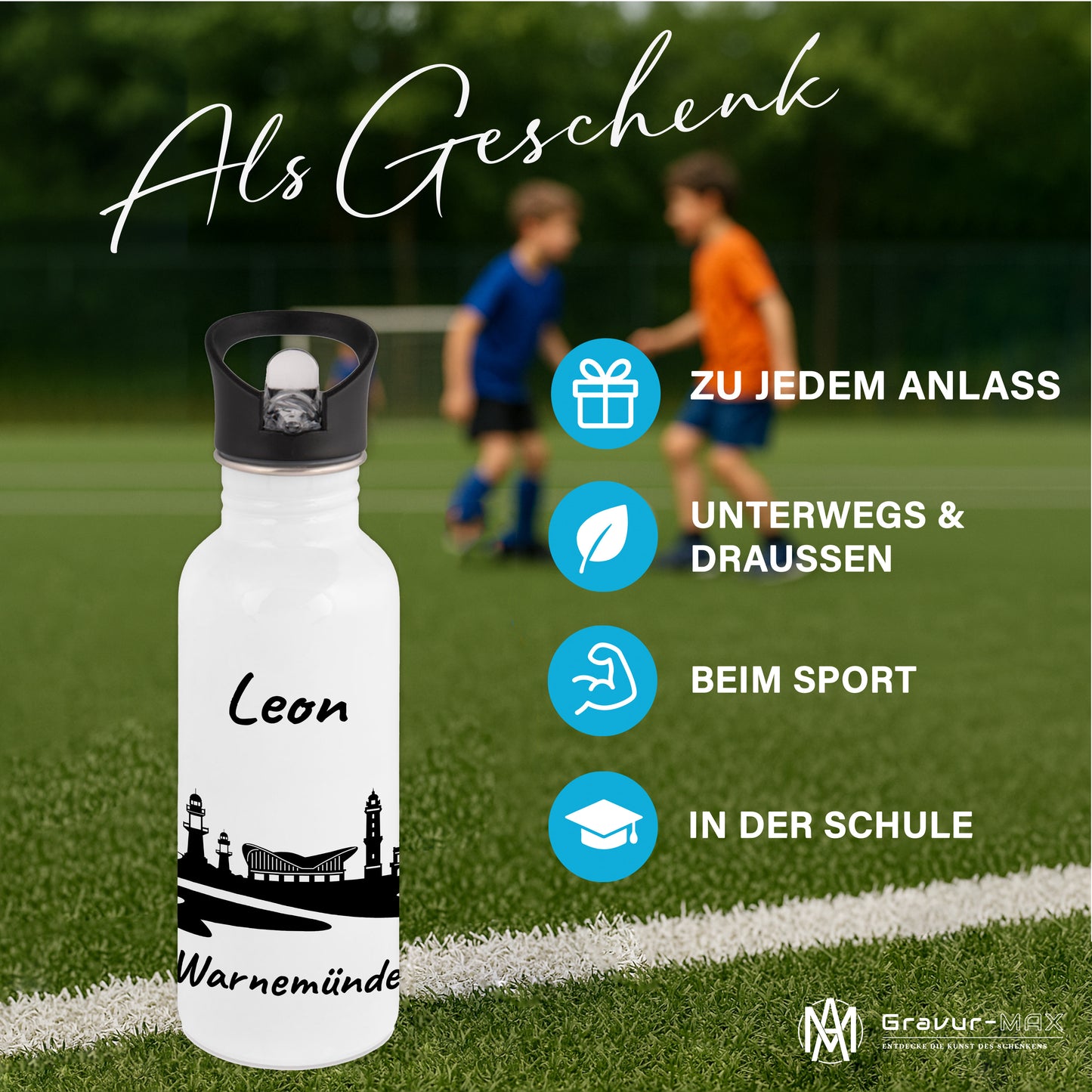 Trinkflasche in Weiß 600ml aus Edelstahl bedruckt mit der Skyline von Warnemünde personalisierbar mit Wunschname