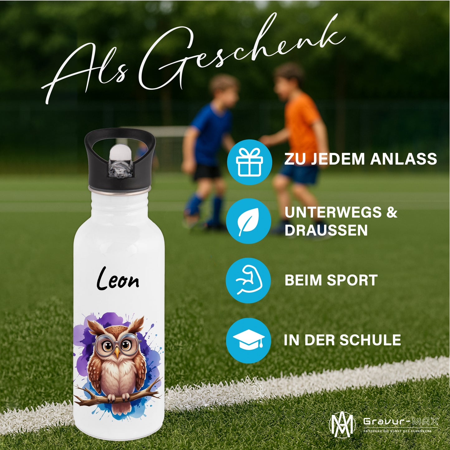 Trinkflasche mit Strohhalm in Weiß 600ml bedruckt mit niedlichen Tieren"Eule" personalisierbar für Kinder mit Wunschname aus Edelstahl