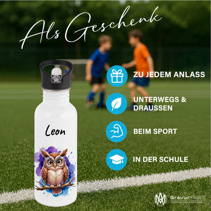 Trinkflasche mit Strohhalm in Weiß 600ml bedruckt mit niedlichen Tieren"Eule" personalisierbar für Kinder mit Wunschname aus Edelstahl