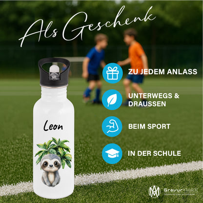 Trinkflasche mit Strohhalm in Weiß 600ml bedruckt mit Dschungel Tieren"Faultier" personalisierbar für Kinder mit Wunschname aus Edelstahl