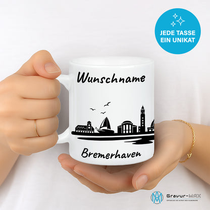Tasse in Weiß 330ml bedruckt mit der Skyline von Bremerhaven personalisierbar mit Wunschname