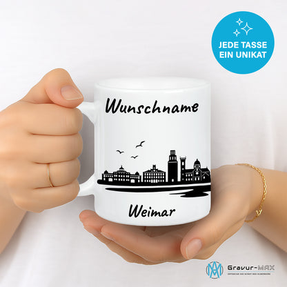 Tasse in Weiß 330ml bedruckt mit der Skyline von Weimar personalisierbar mit Wunschname