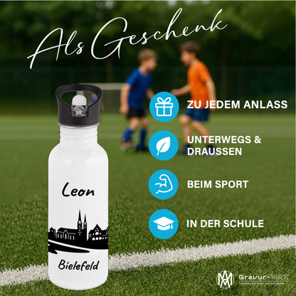 Trinkflasche in Weiß 600ml aus Edelstahl bedruckt mit der Skyline von Bielefeld personalisierbar mit Wunschname