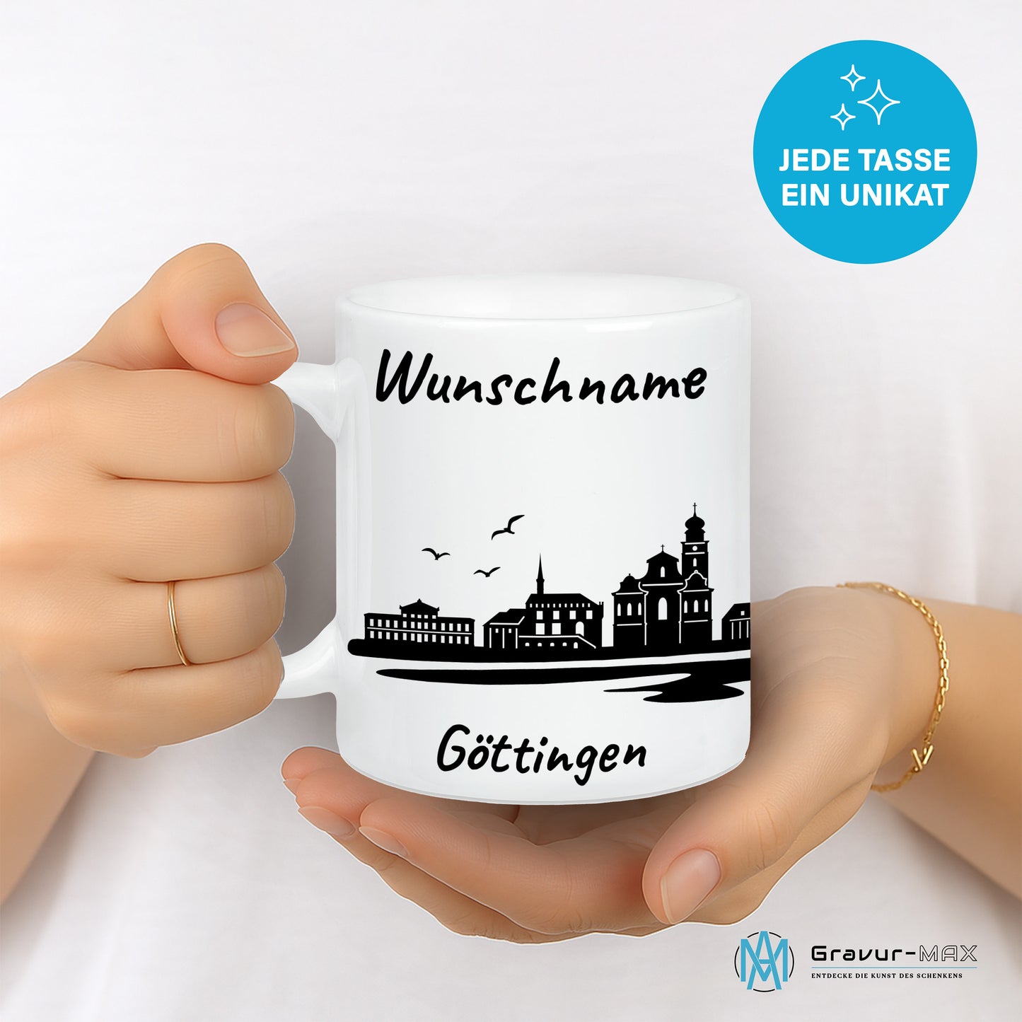 Tasse in Weiß 330ml bedruckt mit der Skyline von Göttingen personalisierbar mit Wunschname