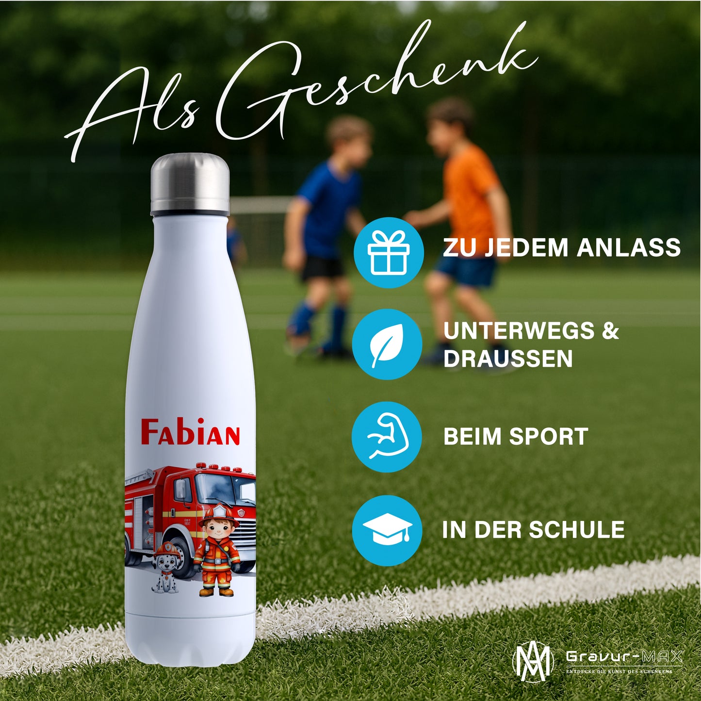 Thermoflasche 500ml in Weiß bedruckt mit tollen Motiven für Kinder "Feuerwehr" personalisierbar mit Wunschname