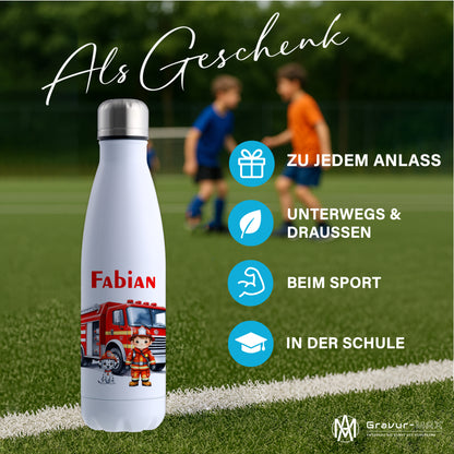 Thermoflasche 500ml in Weiß bedruckt mit tollen Motiven für Kinder "Feuerwehr" personalisierbar mit Wunschname
