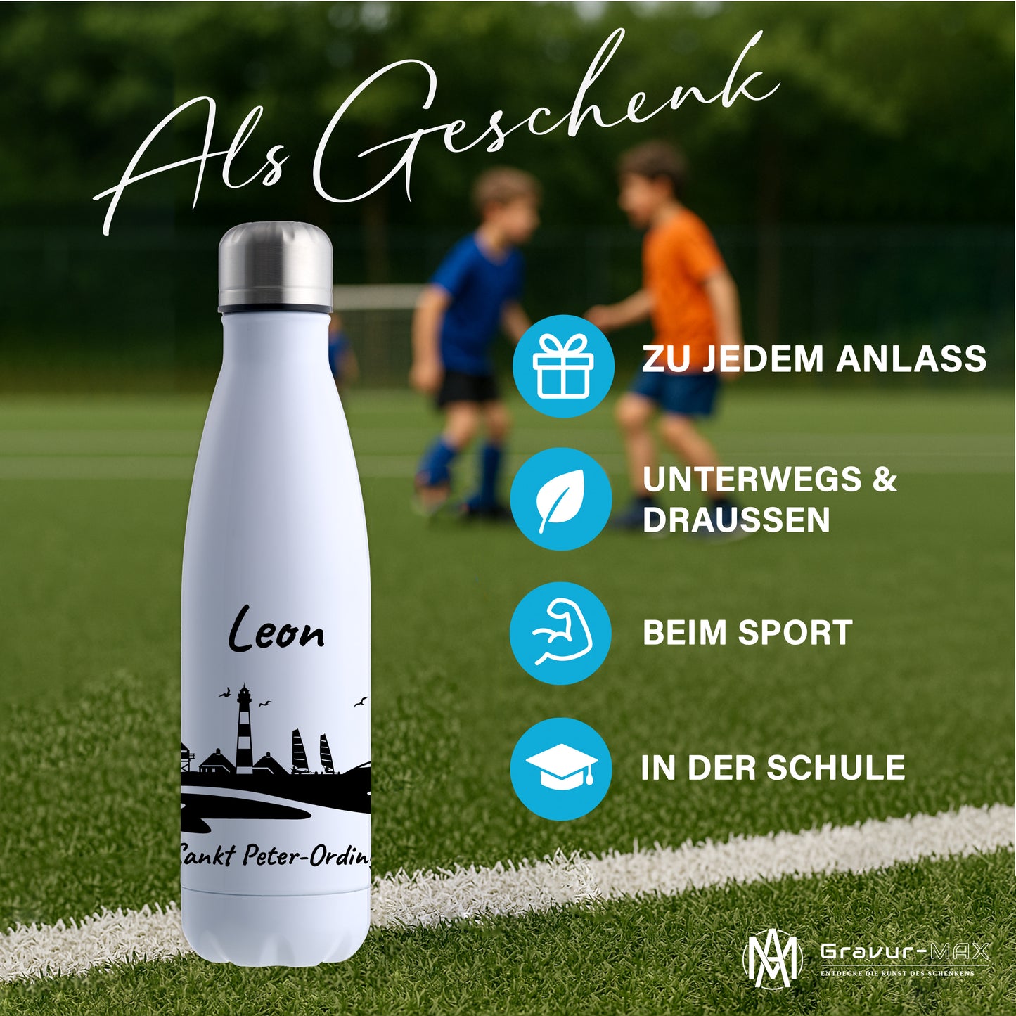 Trinkflasche in Weiß 500ml aus Edelstahl bedruckt mit der Skyline von Sankt Peter-Ording personalisierbar mit Wunschname